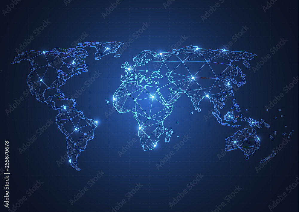 Fototapeta premium Globalne połączenie biznesowe w sieci. Koncepcja punktu i linii mapy świata globalnego biznesu. Ilustracji wektorowych