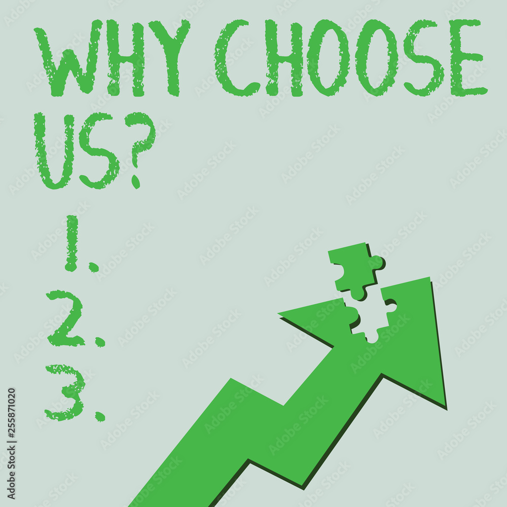 Text sign showing Why Choose Us Question. Business photo text list of advantages and disadvantages to select product service Colorful Arrow Pointing Upward with Detached Part Like Jigsaw Puzzle Piece Text sign showing Why Choose Us Question. Business photo text list of advantages and disadvantages to select product service Colorful Arrow Pointing Upward with Detached Part Like Jigsaw Puzzle Piece