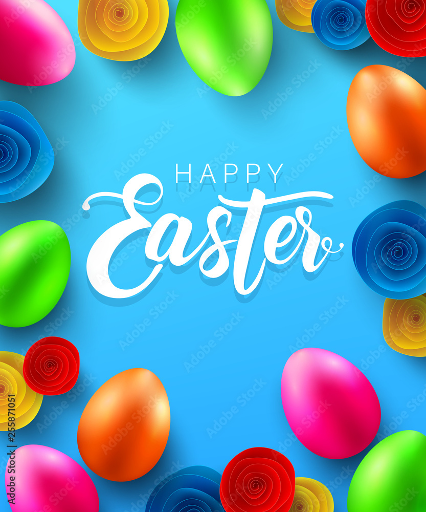 Easter Poster or banner with colorful paper flower and colorful easter eaggs.Promotion and shopping template or background for Easter Day.Vector illustration EPS10