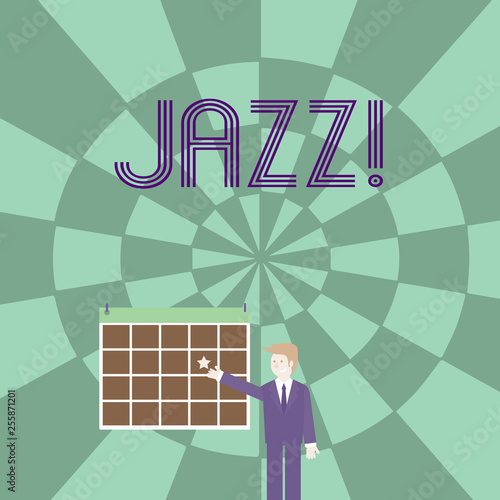 Word writing text Jazz. Business photo showcasing Type of music of black American origin Musical genre Strong rhythm Businessman Smiling and Pointing to Colorful Calendar with Star Hang on Wall photo