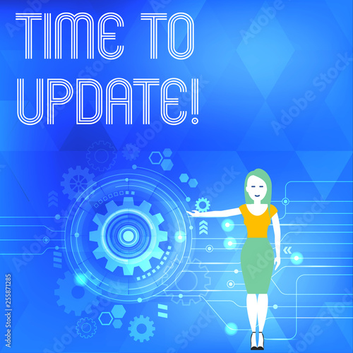 Conceptual hand writing showing Time To Update. Concept meaning this right moment to make something more modern Woman Presenting the SEO Process with Cog Wheel Gear inside