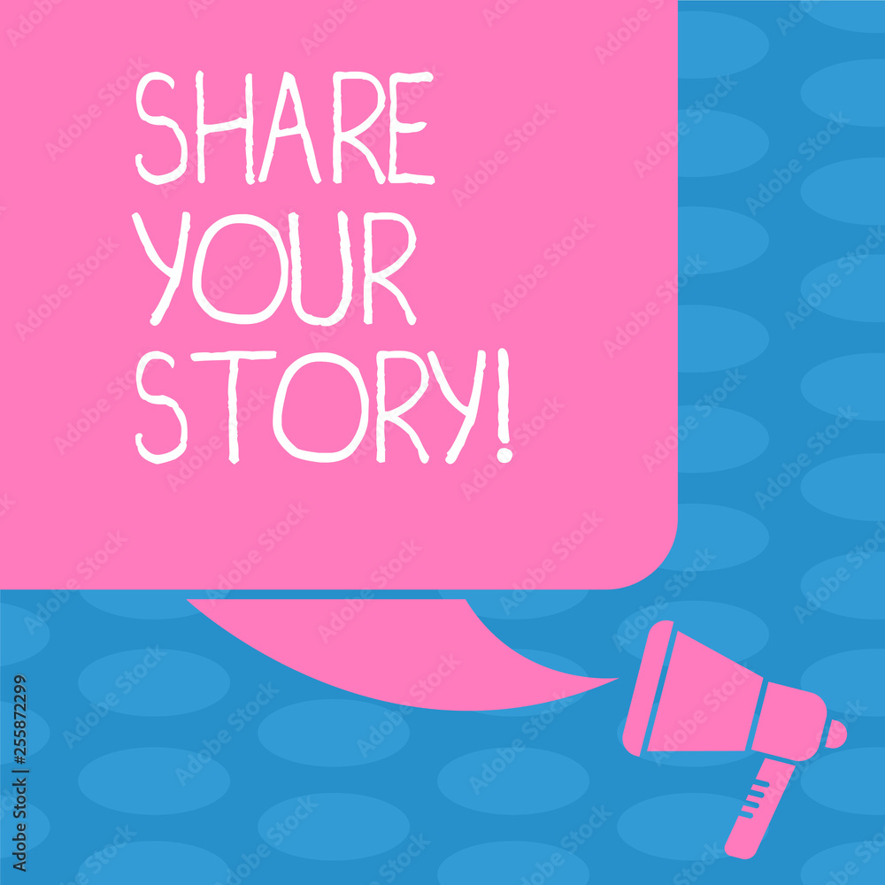 Word writing text Share Your Story. Business photo showcasing telling everyone about your moments or experience Color Silhouette of Blank Square Speech Bubble and Megaphone photo