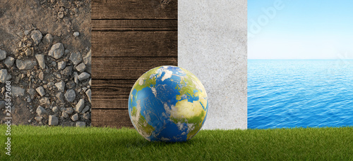 blue earth on green grass f...