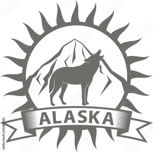Black and white illustration of a wolf mountain sun and banner with text Alaska