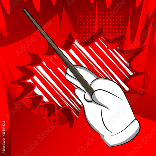 Vector cartoon hand with Magic Stick. Illustrated hand on comic book background.