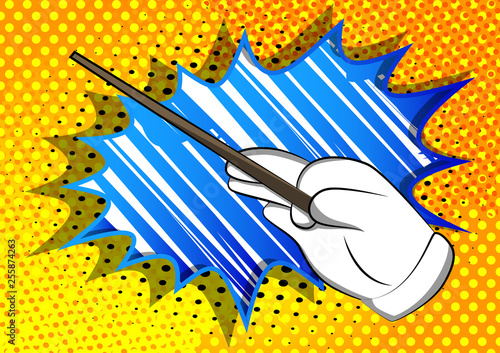 Vector cartoon hand with Magic Stick. Illustrated hand on comic book background.
