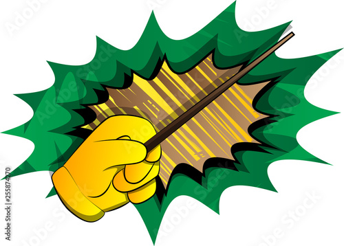 Vector cartoon hand with Magic Stick. Illustrated hand on comic book background.