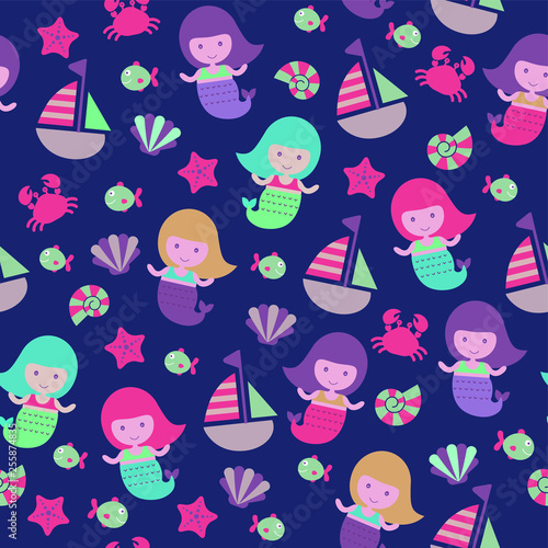childish color vector seamless pattern with cute mermaid