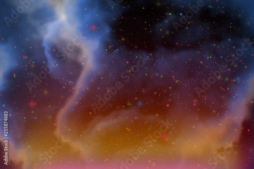 Abstract dynamic fantasy blue space and stars colorful background with sparks and clouds