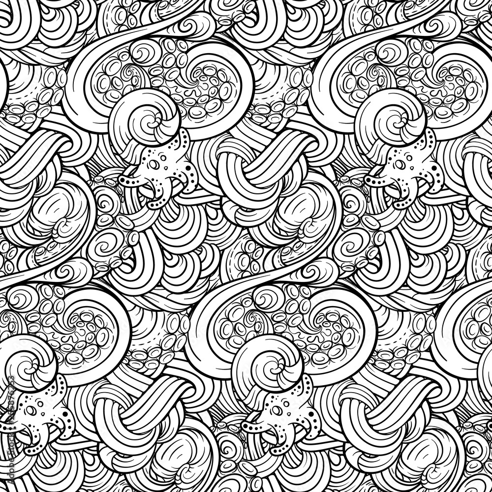Black and white sea doodles vector seamless pattern
