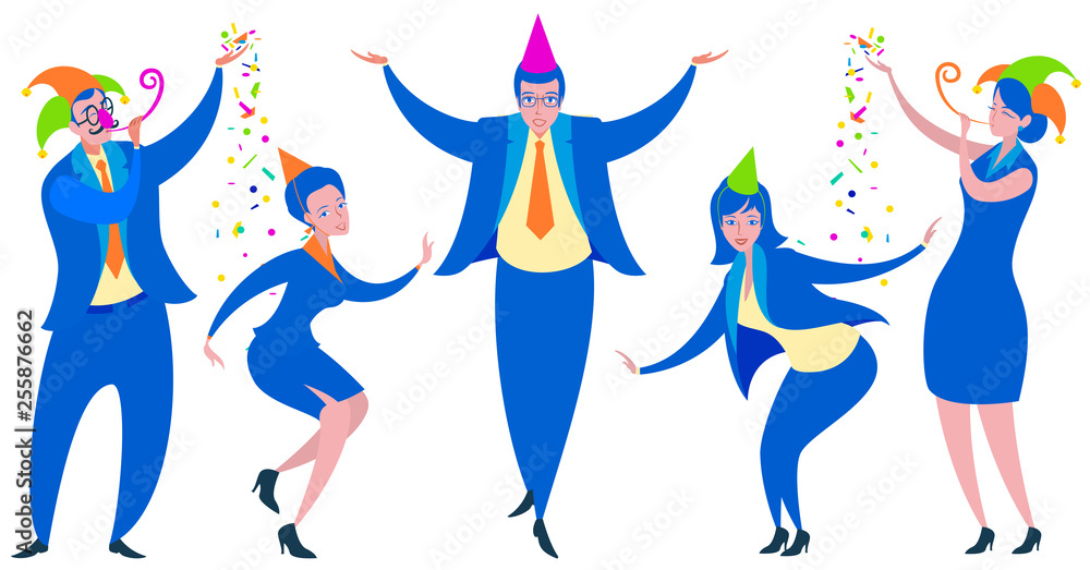 Business men and women fun office party. Flat cartoon people dancing fools day Business men and women fun office party. Flat cartoon people dancing fools day