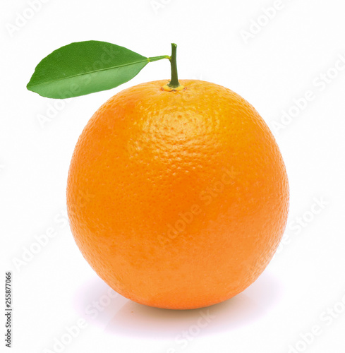 Orange fruit with leaf isolated on white background