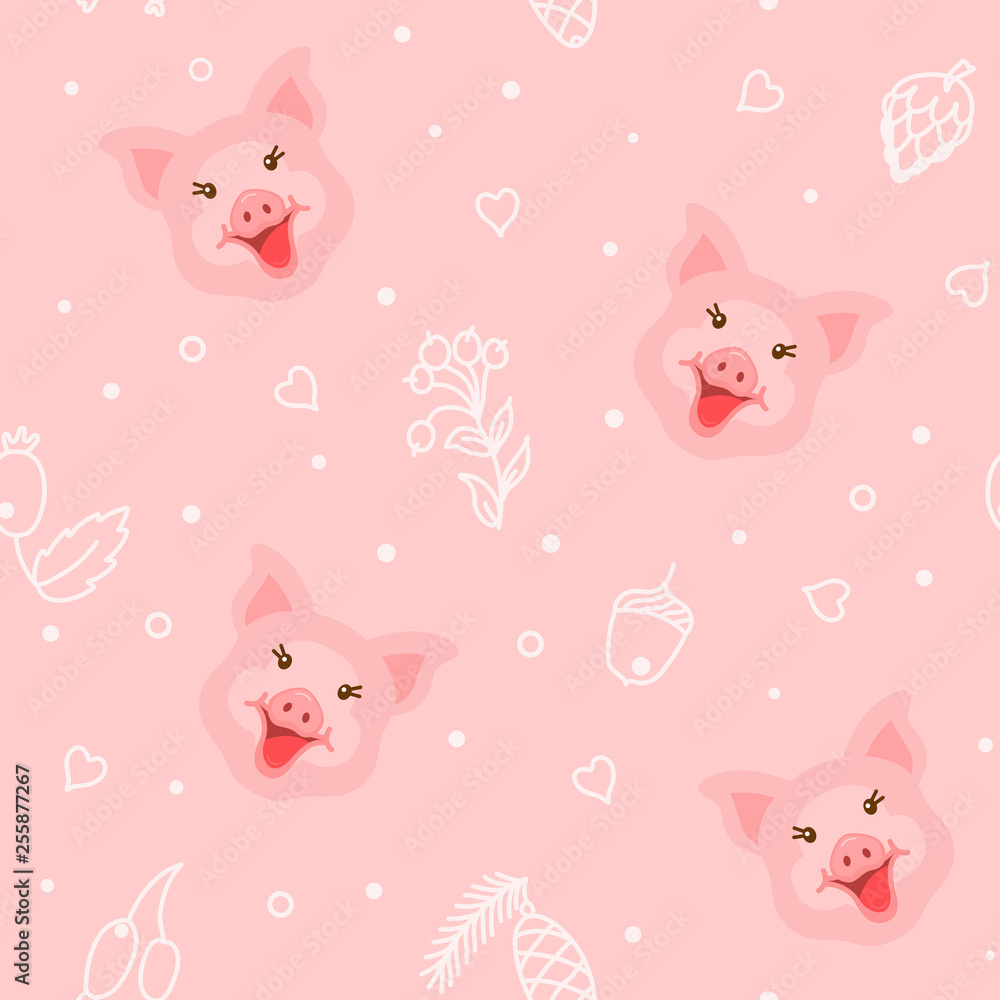 Obraz premium Cute pig character seamless pattern on pink background vector illustration