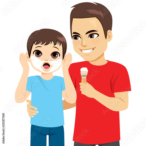 Dad applying first shaving foam soap on son teaching casual daily hygiene routine concept childhood memories