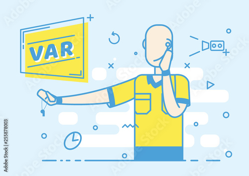 Flat trendy Referee football shows the game stop action. Video Assistant Referee.