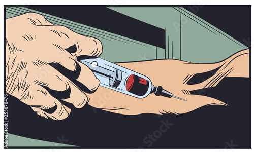 Vaccination. Blood sampling. Hands with syringe. Stock illustration.