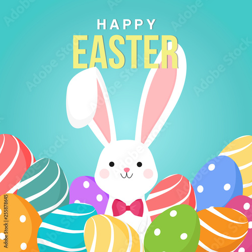 Happy Easter greeting card vector illustration. Cute white rabbit with pile of easter eggs.