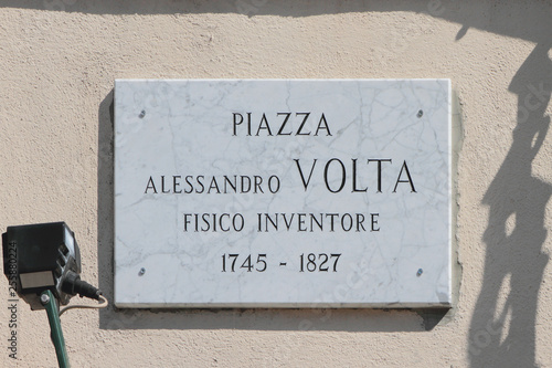 Memorial plate with name of physicist-inventor Alessandro Volta. Como, Italy