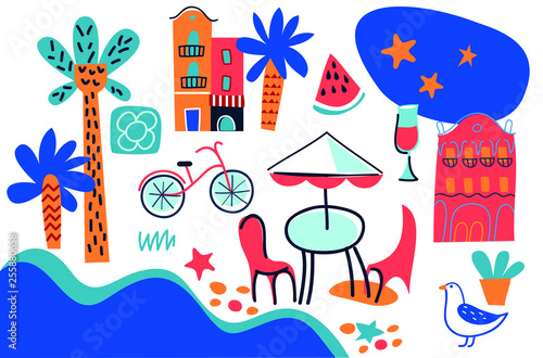 set of Barcelona color doodle hand drawn vector icons