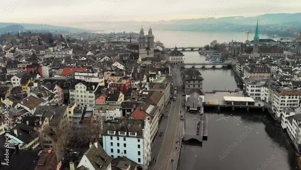 The Limmat River Waterfront and the Grossmünster church in Zürich ...