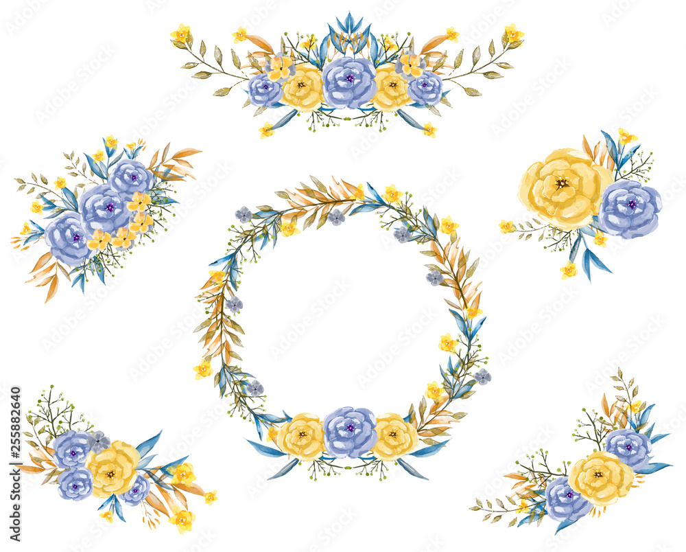 Watercolor Floral Hand Painted, Bouquet of Blue and Yellow Flowers and Wreath Arrangement for Vector Romantic Design Ideas