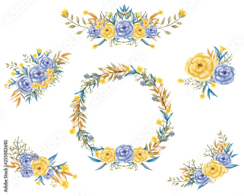 Watercolor Floral Hand Painted, Bouquet of Blue and Yellow Flowers and Wreath Arrangement for Vector Romantic Design Ideas © VectorTower