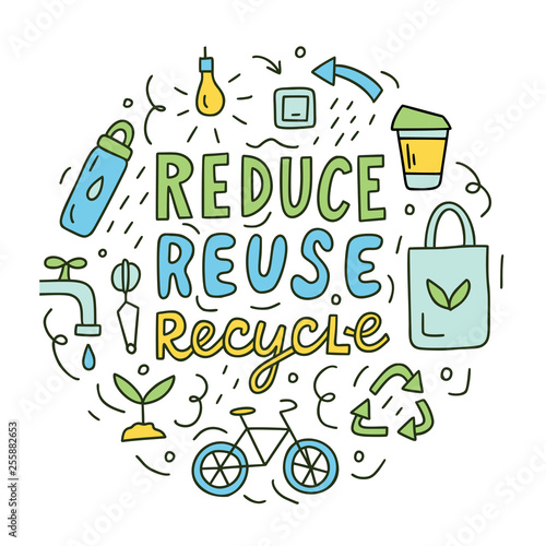 Reduce, reuse, recycle. Ecology concept. Round composition with hand lettering and doodle elements. 