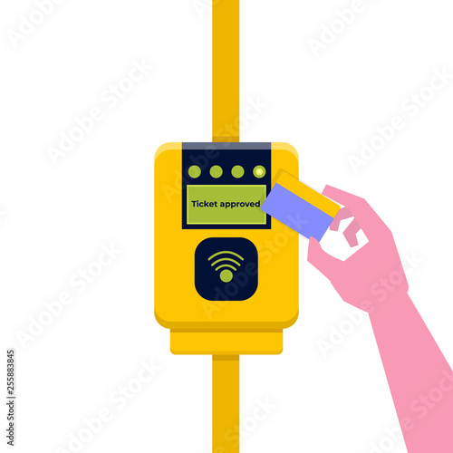 Card ticket validation, contactless cashless payments. Flat style Vector illustration.