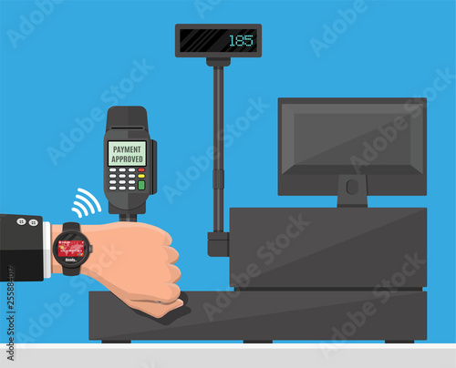 Smart watch contactless payments. Smartwatch on hand and POS terminal. Wireless, contactless or cashless payments, rfid nfc. Vector illustration in flat style