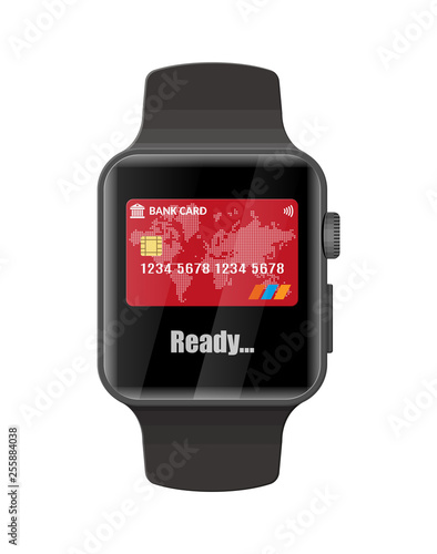 Smart watch contactless payments. Smartwatch modern device. Wireless, contactless or cashless payments, rfid nfc. Vector illustration in flat style