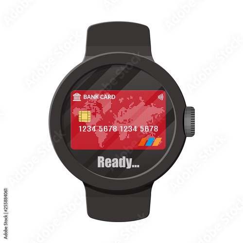 Smart watch contactless payments. Smartwatch modern device. Wireless, contactless or cashless payments, rfid nfc. Vector illustration in flat style