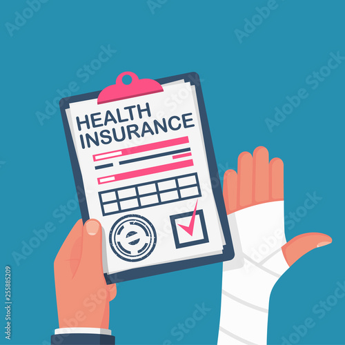 Man hold form of health insurance. Healthcare concept. Vector illustration flat design style. Life planning. Medical claim form. Protection document. Bandage on hand human. Broken, cut, damaged arm