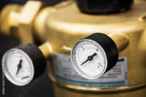 pressure gauge, fittings and valve, pipes and adapters. Plumbing fixtures and piping parts