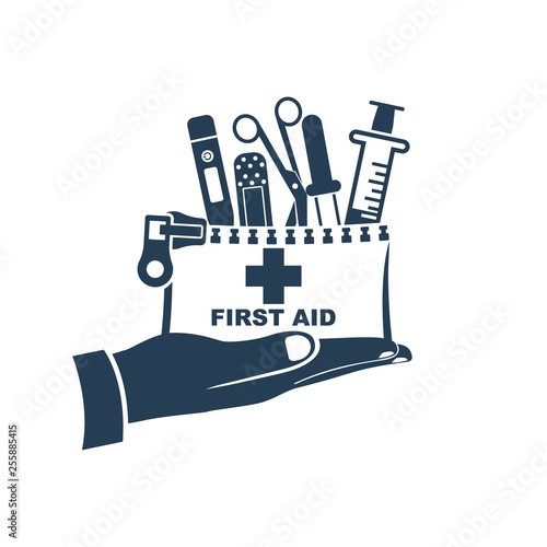 Silhouette first aid kit in hand doctor. Medical equipment and medications. Healthcare concept. Vector illustration flat design. Emergency template banner. Help colds. Syringe pill pipette and plaster