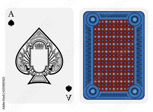 Ace of spades face with frame in center and vintage weapon around inside spades form and back with blue red geometrical texture on suit.