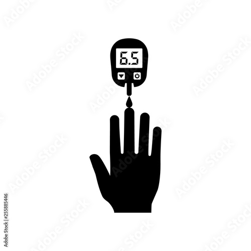 Blood test icon. Black silhouette glucometer icon. Testing glucose. Blood sugar readings. Medical measurement apparat. Healthcare monitoring. Diagnostic equipment. Vector illustration flat design.