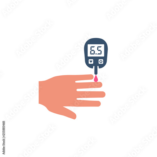 Blood test icon. Silhouette glucometer icon. Testing glucose. Blood sugar readings. Medical measurement apparat. Healthcare monitoring. Diagnostic equipment. Vector illustration flat design.