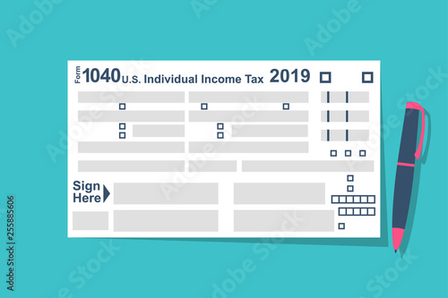 Individual Tax Return Forms with pen. Income  document. Forms Tax 1040. Vector illustration flat design. Isolated on  background. List budget. photo