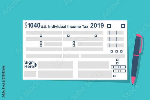 Individual Tax Return Forms with pen. Income  document. Forms Tax 1040. Vector illustration flat design. Isolated on  background. List budget.
