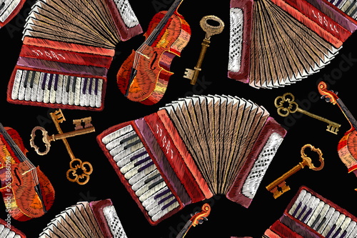 Embroidery accordion, violin and golden crossed keys, music seamless pattern. Chanson concept. Template for clothes, t-shirt design