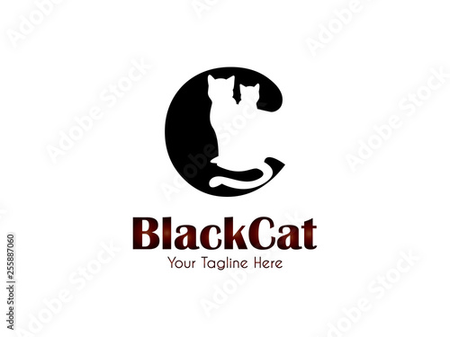 Letter C  with negative space of cat black color logo graphic branding element