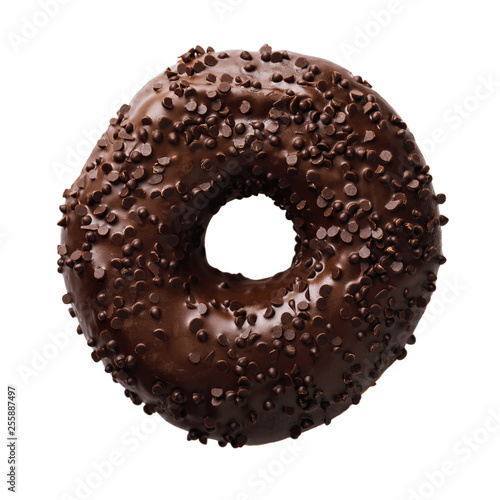 Fresh chocolate donut isolated on white background, top view