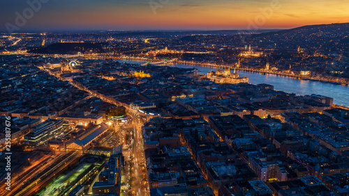 Budapest, Hungary - Aerial panoramic view of Budapest by night with all the mayor landmarks. Illuminated Parliament, Szechenyi Chain Bridge, Fisherman's Bastion, Buda Castle and St.Stephens' Basilica