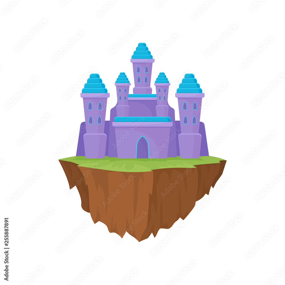 Island castle on white background. Purple magic tower.