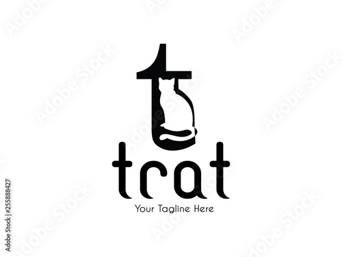 Letter T  with negative space of cat black color logo graphic branding element
