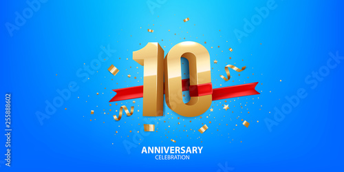 10th Anniversary celebration. 3D Golden numbers with confetti and ribbon.