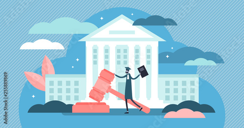 Supreme court vector illustration. Flat tiny judge building persons concept
