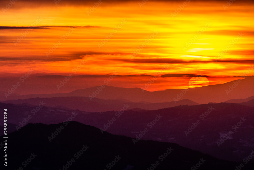 Beautiful sunset over mountains layers in Umbria (Italy)