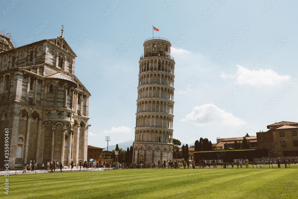 Panoramic view of Leaning Tower of Pisa or Tower of Pisa