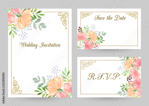 Wedding invitation templates set with watercolor flowers, thank you card, save the date cards, baby shower, menu, flyer, banner template.Watercolor gentle background for invitations or greeting cards.